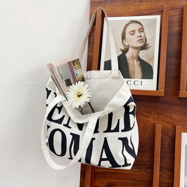 Women Printed Letter Canvas Bag Single Shoulder Tote Bag (Black) - Image 8