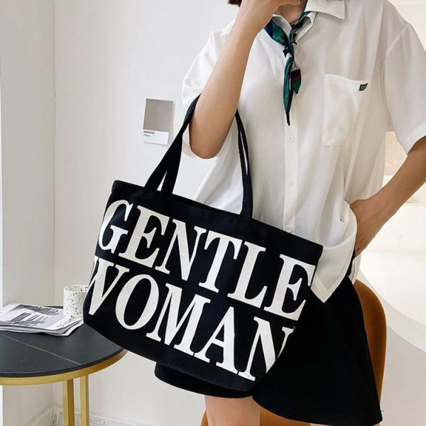 Women Printed Letter Canvas Bag Single Shoulder Tote Bag (Black) - Image 9