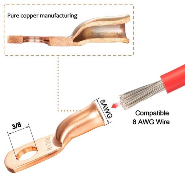 8AWG 3 / 8" Stud Ring Terminal Solder Cable Bare Copper Hole with Heat Shrink (Single) - Image 3