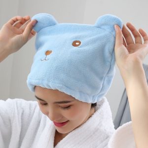 Cartoon Bear Thickened Coral Velvet Hair Drying Cap Strong Water-absorbent Quick-drying Turban (Blue)
