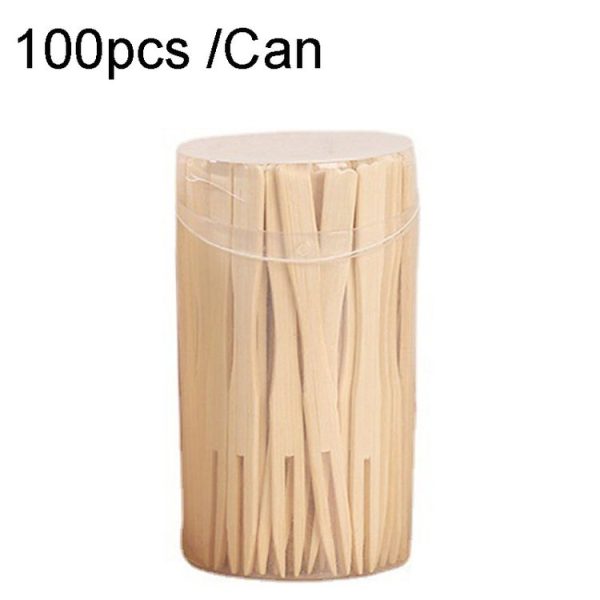 100pcs / Can Bamboo Fruit Stick Disposable Two Tines Dessert Fork For Home Use