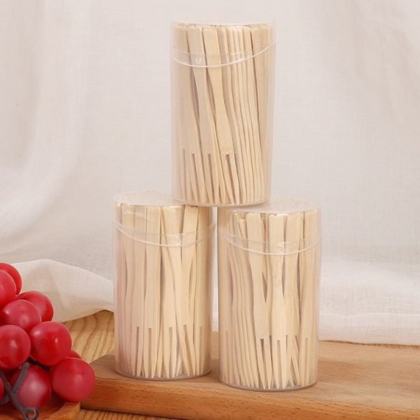 100pcs / Can Bamboo Fruit Stick Disposable Two Tines Dessert Fork For Home Use - Image 5