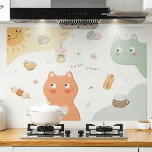 90x30cm Small Kitchen Stove Tile Oil Smoke Stickers Waterproof And Anti Oil Stain Cartoon Wallpaper, Style: Biscuit Cat
