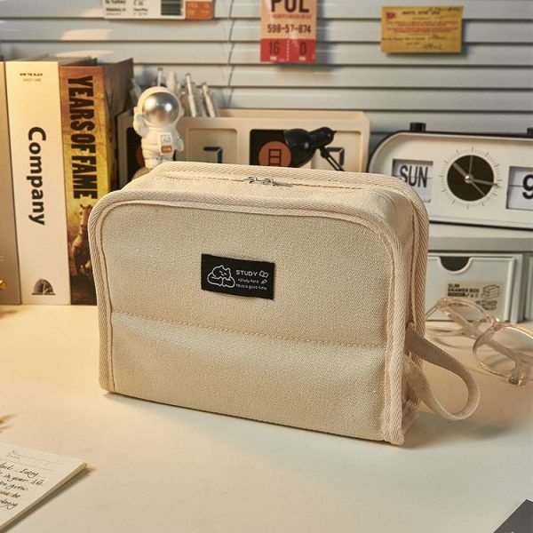 Large Capacity Canvas Pencil Case Student Stationery Storage Pencil Box (White)