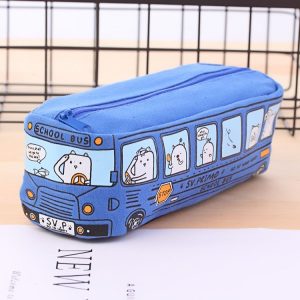 Cartoon Bus Student Stationery Pencil Case Large Capacity Canvas Stationery Box (Blue)