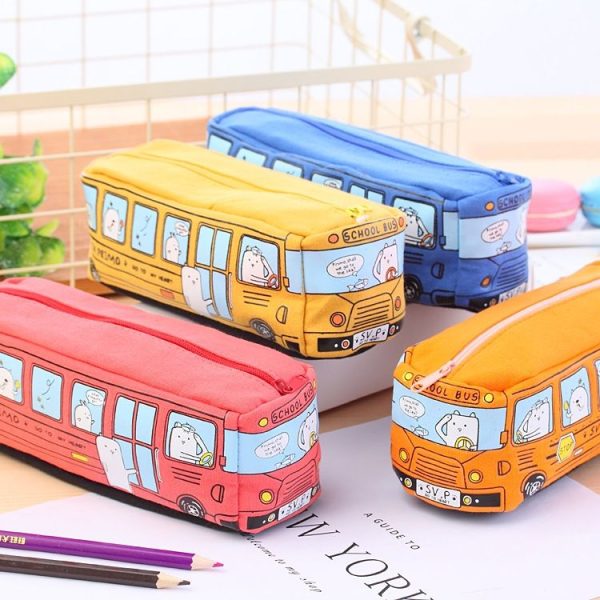 Cartoon Bus Student Stationery Pencil Case Large Capacity Canvas Stationery Box (Blue) - Image 2