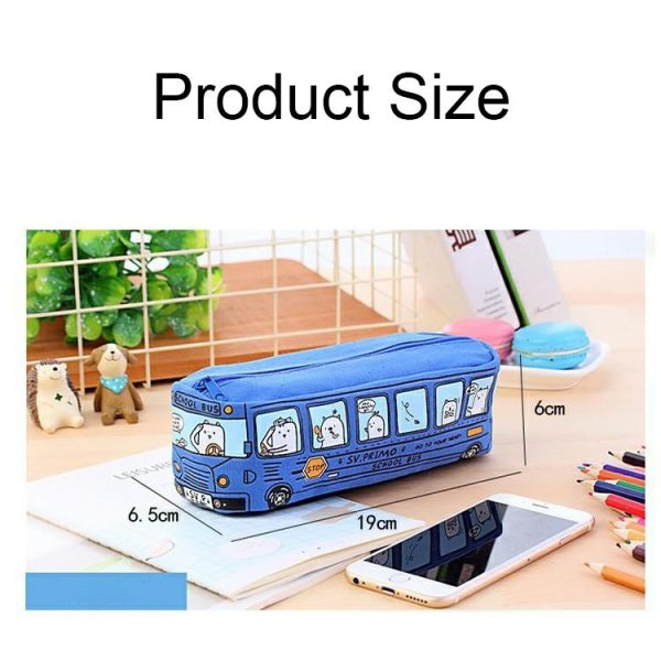 Cartoon Bus Student Stationery Pencil Case Large Capacity Canvas Stationery Box (Blue) - Image 3