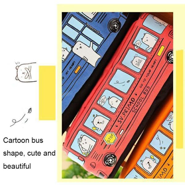 Cartoon Bus Student Stationery Pencil Case Large Capacity Canvas Stationery Box (Blue) - Image 4