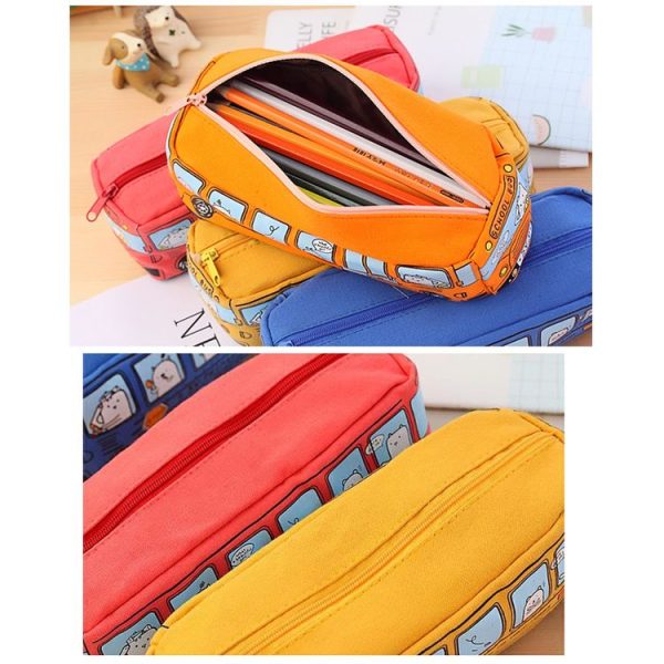Cartoon Bus Student Stationery Pencil Case Large Capacity Canvas Stationery Box (Blue) - Image 5
