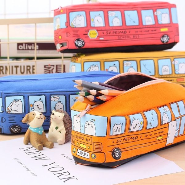 Cartoon Bus Student Stationery Pencil Case Large Capacity Canvas Stationery Box (Blue) - Image 7