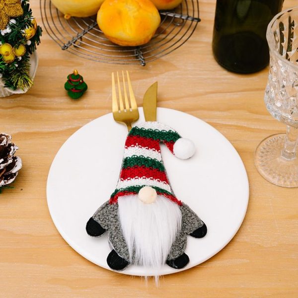 Christmas Table Decoration Cartoon Knitted Striped Knife and Fork Cover (Gray)