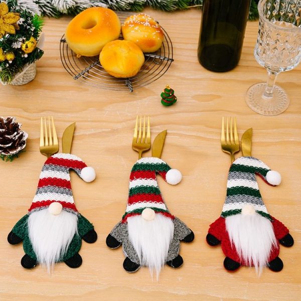 Christmas Table Decoration Cartoon Knitted Striped Knife and Fork Cover (Gray) - Image 2