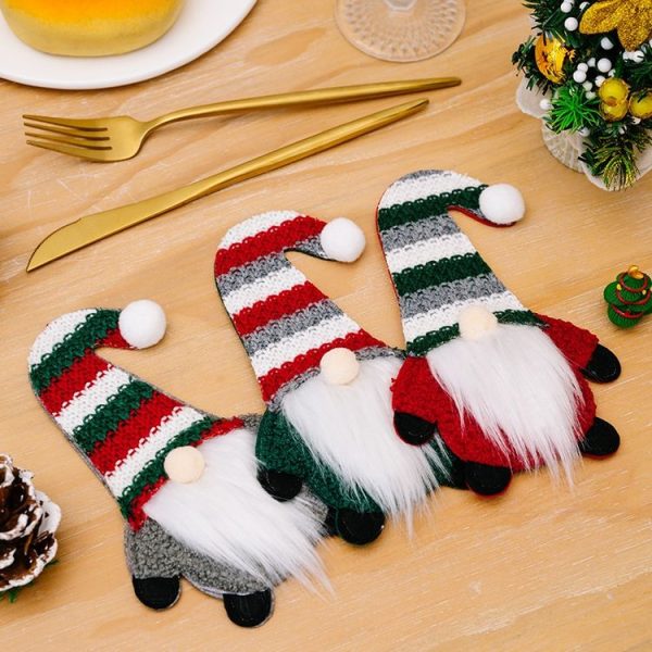 Christmas Table Decoration Cartoon Knitted Striped Knife and Fork Cover (Gray) - Image 6