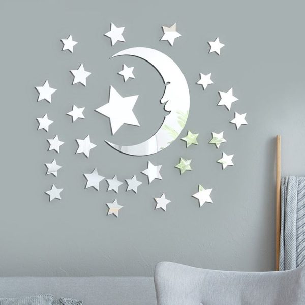 29pcs / Set Acrylic Stars And Moon Stereoscopic Mirror Wall Stickers Self-Adhesive Bedroom Background Wall Decoration (Silver)