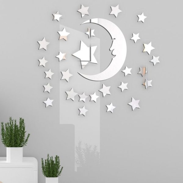 29pcs / Set Acrylic Stars And Moon Stereoscopic Mirror Wall Stickers Self-Adhesive Bedroom Background Wall Decoration (Silver) - Image 3