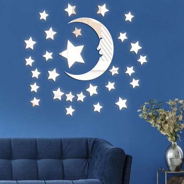 29pcs / Set Acrylic Stars And Moon Stereoscopic Mirror Wall Stickers Self-Adhesive Bedroom Background Wall Decoration (Silver) - Image 4