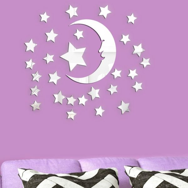 29pcs / Set Acrylic Stars And Moon Stereoscopic Mirror Wall Stickers Self-Adhesive Bedroom Background Wall Decoration (Silver) - Image 5