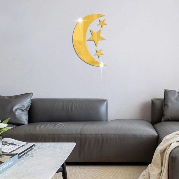 4pcs / Set Acrylic Moon Stars Mirror Wall Sticker Home Decoration Soft Mirror (Gold)