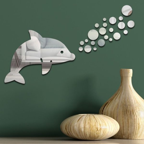 22pcs / Set Acrylic Dolphin Spitting Bubbles Mirror Wall Sticker Home Decoration Soft Mirror (Silver)