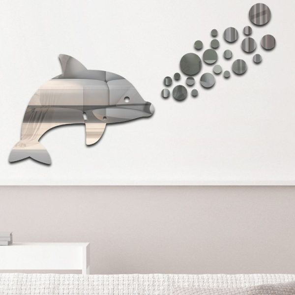 22pcs / Set Acrylic Dolphin Spitting Bubbles Mirror Wall Sticker Home Decoration Soft Mirror (Silver) - Image 4