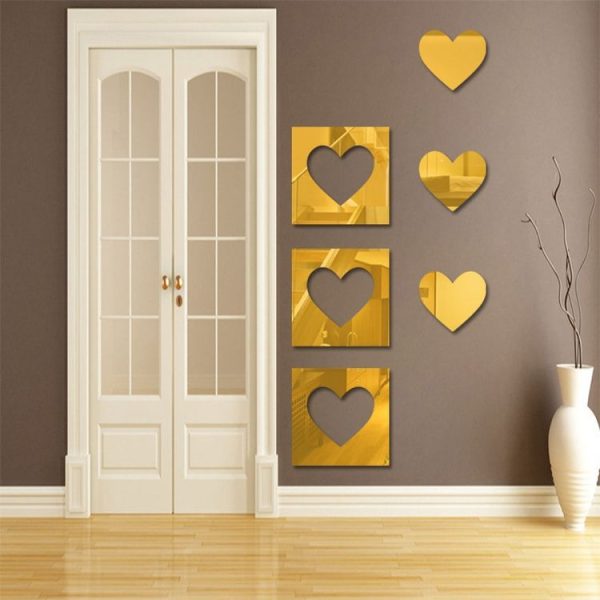 6pcs / Set Acrylic Heart Combination Mirror Stereo Wall Stickers Home Decoration Soft Mirror (Gold)