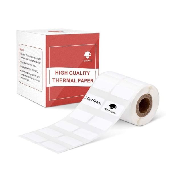 Phomemo M110 / M200 600pcs / Roll 20x10mm Square Self-Adhesive Thermal Labels on White Background