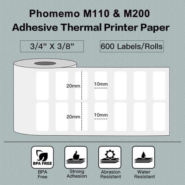 Phomemo M110 / M200 600pcs / Roll 20x10mm Square Self-Adhesive Thermal Labels on White Background - Image 2