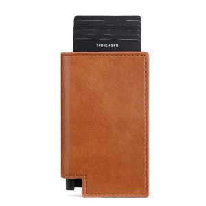 Pop-up Leather Metal Card Holder RFID Bifold Wallet (Brown)