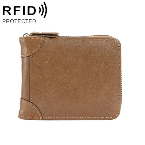 RFID Anti-Theft Swipe Mens Wallet Multifunctional Zipper Wallet (Brown)