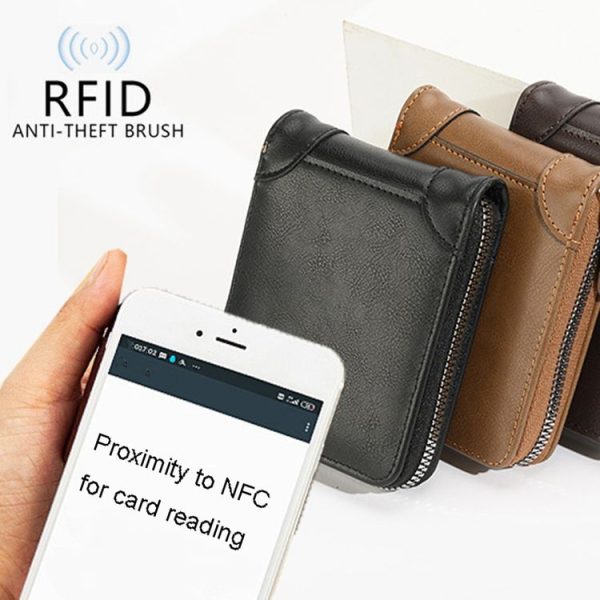 RFID Anti-Theft Swipe Mens Wallet Multifunctional Zipper Wallet (Brown) - Image 4