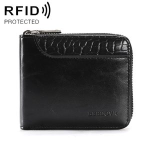 RFID Anti-Theft Swipe Mens Wallet Multifunctional Short Zipper Purse (Black)