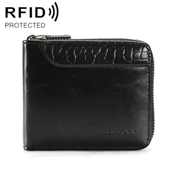 RFID Anti-Theft Swipe Mens Wallet Multifunctional Short Zipper Purse (Black)