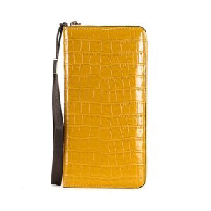 Crocodile Print Long Ladies Clutch Bag Multi Card Position Zipper Wristlet Pouch (Yellow)