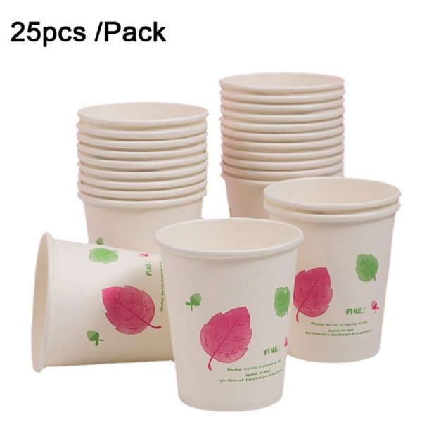 25pcs / Pack 250ml Disposable Paper Cup Thickened Wood Pulp Water Cup (Red Leaf)