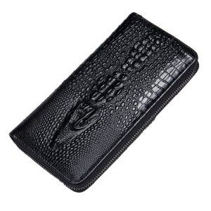 Mens Long Business Wallet Crocodile Pattern Multi Cards Clutch Bag (Black)