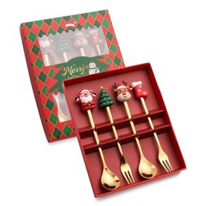 4pcs / Pack Christmas Cartoon Doll Stainless Steel Tableware, Style: A Spoon Fork (Gold+Red Box)