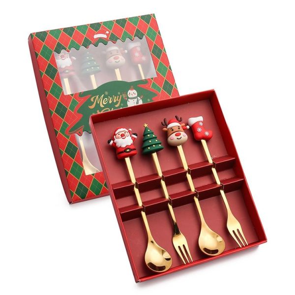 4pcs / Pack Christmas Cartoon Doll Stainless Steel Tableware, Style: A Spoon Fork (Gold+Red Box)