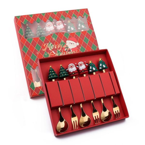 6pcs / Pack Christmas Cartoon Doll Stainless Steel Tableware, Style: A Gold Spoon Fork+Red Box