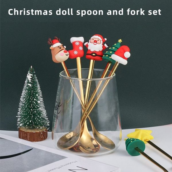 6pcs / Pack Christmas Cartoon Doll Stainless Steel Tableware, Style: A Gold Spoon Fork+Red Box - Image 6