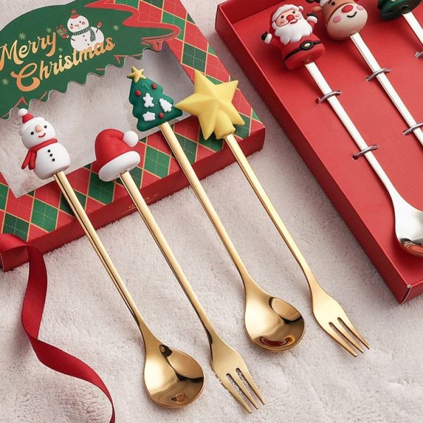 6pcs / Pack Christmas Cartoon Doll Stainless Steel Tableware, Style: A Gold Spoon Fork+Red Box - Image 7