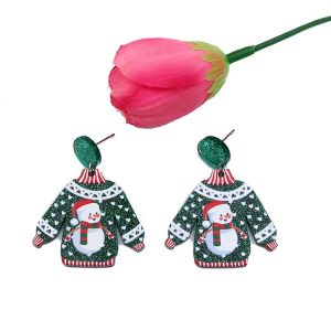 1pair Sweater Christmas Earrings Cute Elk Snowman Earstuds, Color: Snowman Green