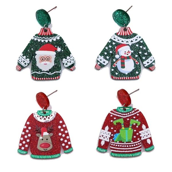 1pair Sweater Christmas Earrings Cute Elk Snowman Earstuds, Color: Snowman Green - Image 3