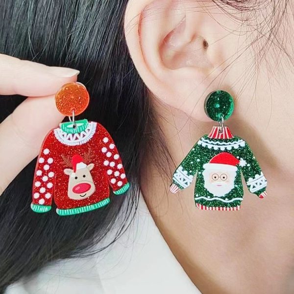 1pair Sweater Christmas Earrings Cute Elk Snowman Earstuds, Color: Snowman Green - Image 4