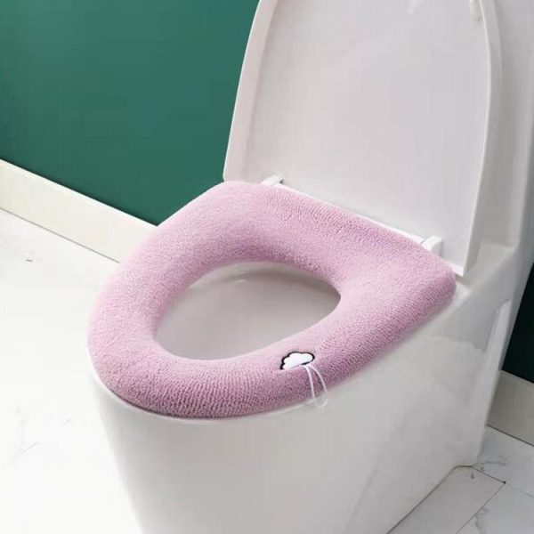 Universal Knitted Washable Toilet Pad Home Thickened Warm Toilet Cover, Style: With Handle Pink
