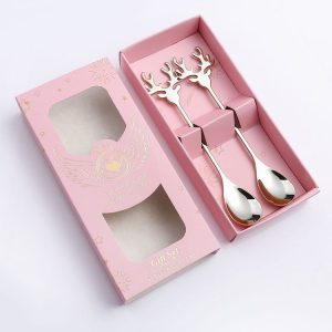2pcs / Pack Christmas 304 Stainless Steel Deer Stirring Spoon Coffee Dessert Scoop, Color: Silver+Pink Box