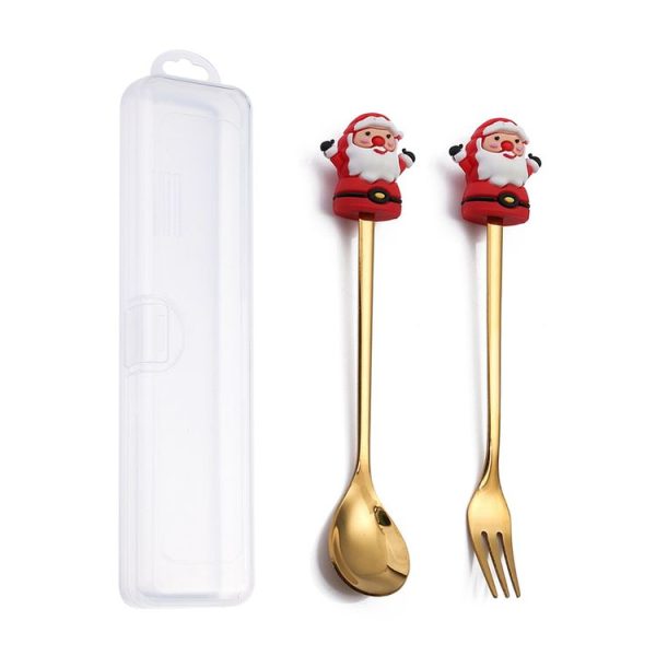 2pcs / Pack Christmas Dessert Fork And Spoon Set Portable Cute Cartoon Tableware, Style: Santa Claus Golden