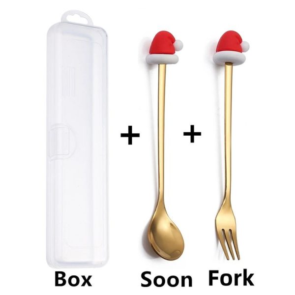 2pcs / Pack Christmas Dessert Fork And Spoon Set Portable Cute Cartoon Tableware, Style: Santa Claus Golden - Image 2