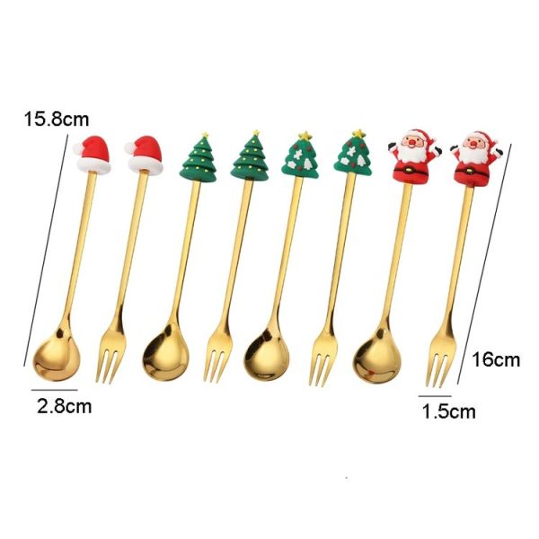 2pcs / Pack Christmas Dessert Fork And Spoon Set Portable Cute Cartoon Tableware, Style: Santa Claus Golden - Image 3