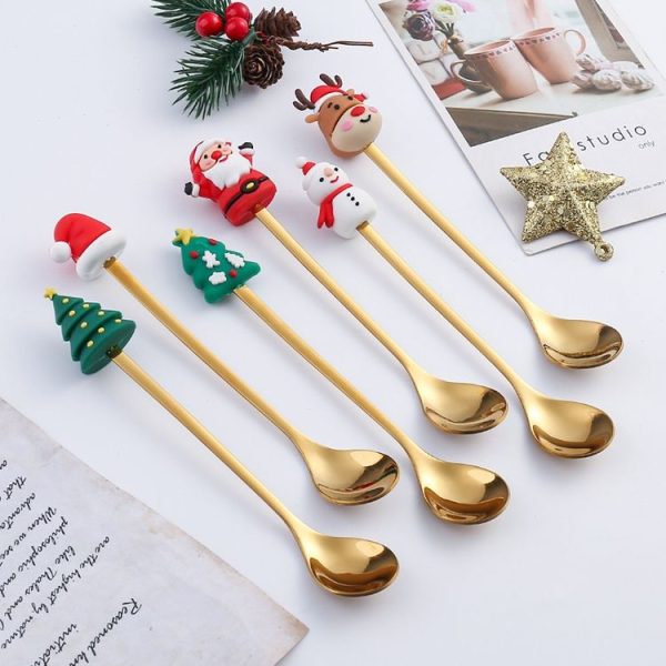 2pcs / Pack Christmas Dessert Fork And Spoon Set Portable Cute Cartoon Tableware, Style: Santa Claus Golden - Image 4
