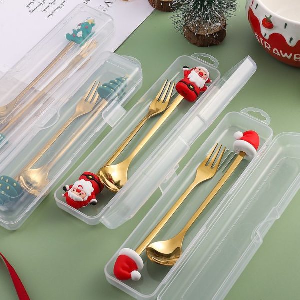 2pcs / Pack Christmas Dessert Fork And Spoon Set Portable Cute Cartoon Tableware, Style: Santa Claus Golden - Image 5